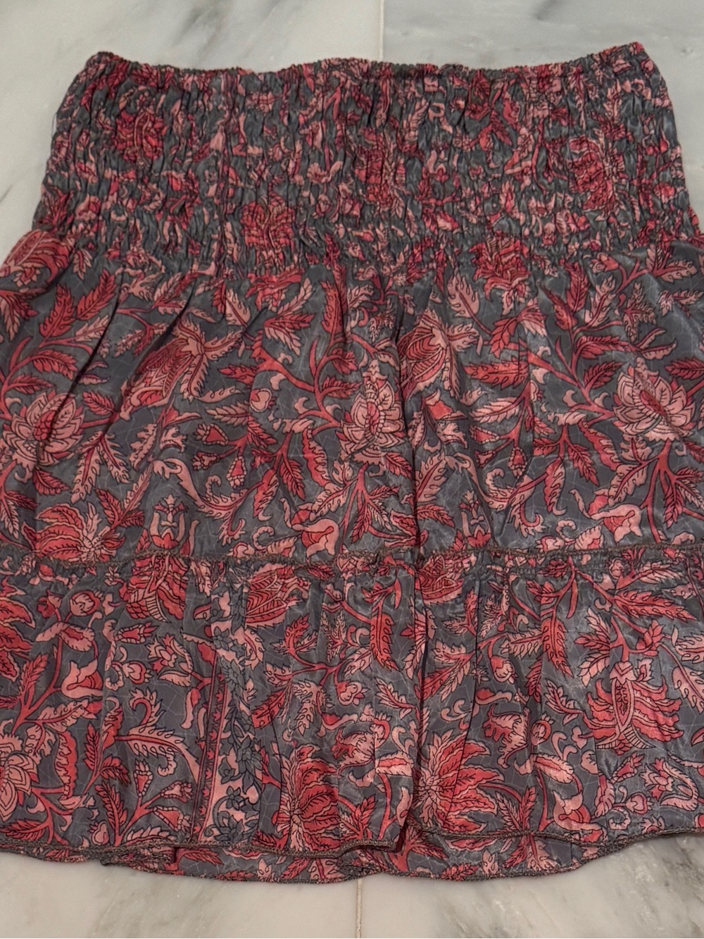 Perry Walker Collective Silk Blend Smocked Floral Mini Skirt Tiered Pink Blue 1